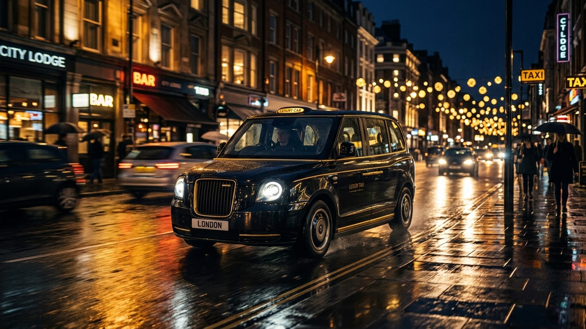 Premium taxi op een natte stadstraat 's nachts met gouden bokeh-lichten